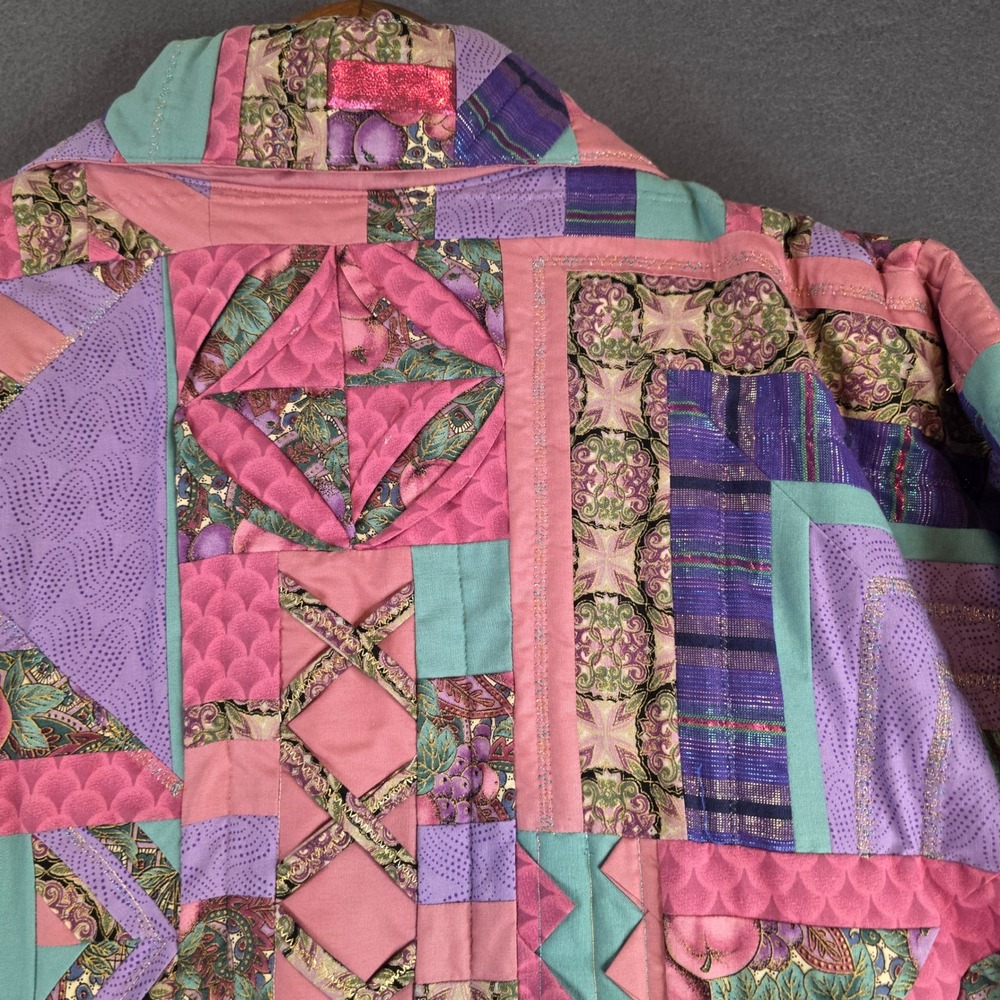 Handmade Quilted Patchwork Jacket Womens XL Pink Purple Teal Wearable Art Boho - Picture 7 of 12